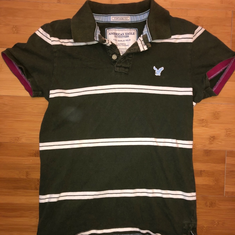 Dark Green American Eagle Polo w White Stripe - XS
